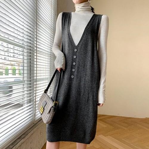 Women Dress Sleeveless Low V-neck Knitwears 100% Australian Wool Knitting Jumpers Ladies Sexy Dresses 4Colors