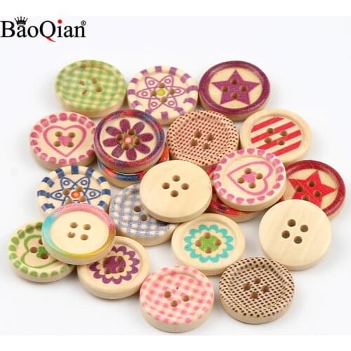50Pcs 20mm Star Heart Pattern Wooden Buttons 4 Hole Round Sewing Buttons For Clothing Scrapbooking Decoration Accessory