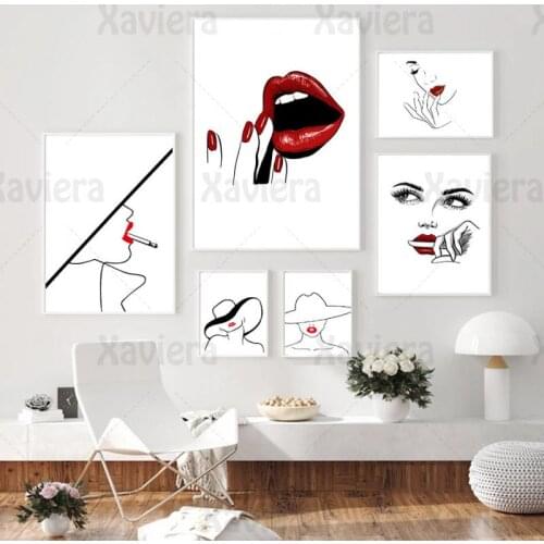 Abstract Print Wall Art Sexy Fashion Lady Figure Poster Nordic Canvas Painting Black Line Red Lips Woman Girl Room Home Decor