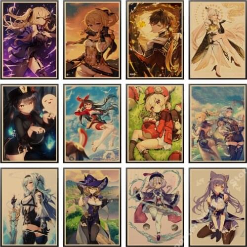 Genshin Impact Anime Posters Kraft Paper Prints Home Room Decor Study Bedroom Bar Cafe Wall Paintings Cartoon Wall Stickers
