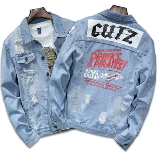 Denim Jacket Mens Autumn New Jacket Mens Bule Denim Clothes Loose Trendy Print Ripped Tops Chamarra De Mezclilla Para Hombre