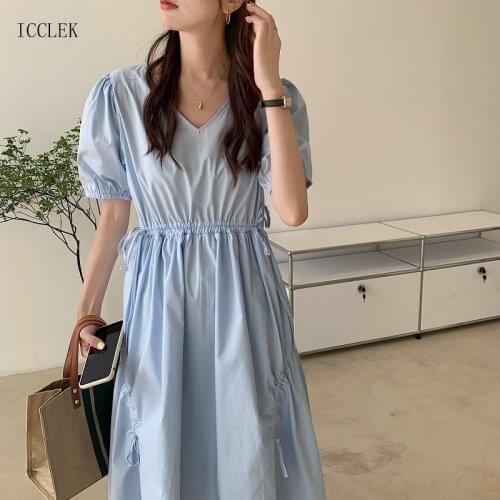 Elegant Drawstring Waist Loose V-Neck Puff Sleeve Midi Dress 2021 Summer One-Piece Korean Womens Casual Dress Lady Office Dress