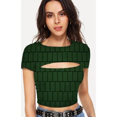 Somepet Geometry T-shirt Women Cube Hollow Out T shirts Green Navel Bare Abstract Tshirt Printed Womens Clothing Punk Rock Short