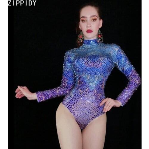 Gradient Color Purple Blue Stones Bodysuit Birthday Celebrate Lady Outfit Female Singer Show Evening Prom Wear
