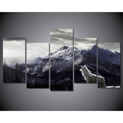 HD 5 Pieces Printed Snow Mountain Plateau Wolf Paintings Canvas Living Room Wall Art Decor Print Poster Picture Canvas