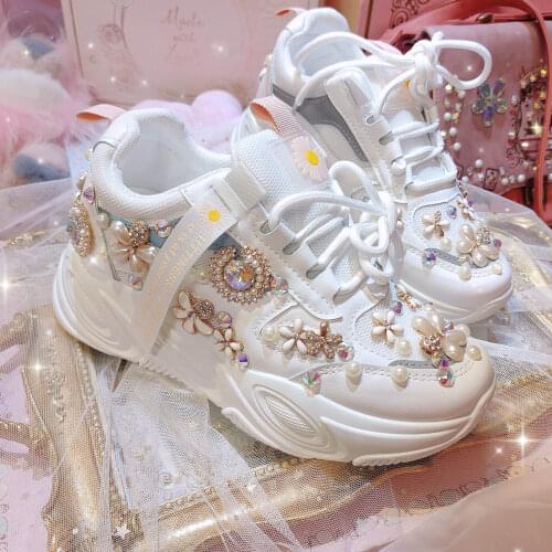 Women Sneakers Thick Soled Interior Heightening Handmade Diamond Inlaid Flower Womens Sports Shoes Lace-up Casual Running Shoes