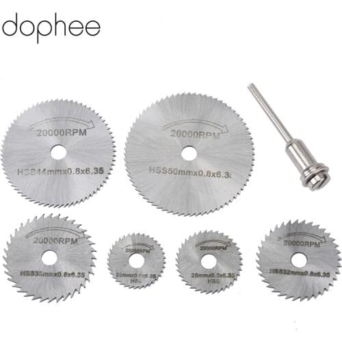 Dophee High Hardness New 6Pcs HSS Saw Disc Set Rotary Dreme Tool with Mandrel Circular Wheel Cutting blades 22/25/32/35/44/50mm