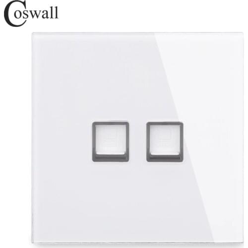Coswall Crystal Tempered Glass Panel 2 Gang RJ45 CAT5E Internet Jack Wall Data Socket Computer Outlet White Black Grey Gold