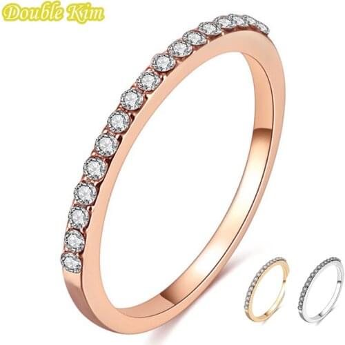 Simple Single Row Inlaid Zircon Ring Bright Alloy Metal Rose Gold Silver Color Stackable for Women Classic Fashion Jewelry Gift