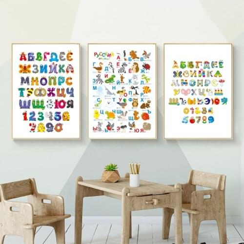 Russian Alphabet and Numbers with Animals Nursery Wall Art Canvas Painting Pictures Funny Monsters Poster Print Kids Room Decor