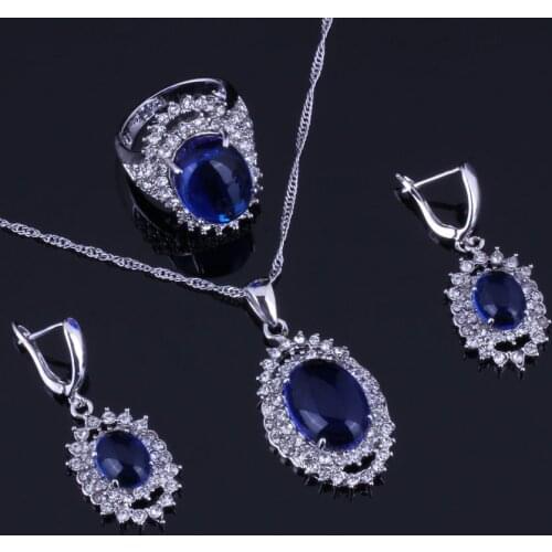 Sparkling Huge Oval Blue Cubic Zirconia White CZ Silver Plated Jewelry Sets Earrings Pendant Chain Ring V0268