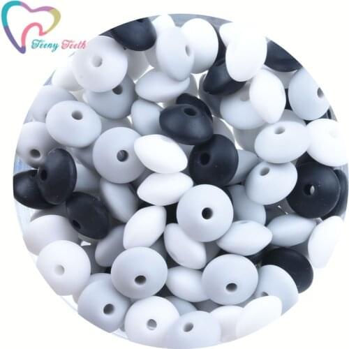 Teeny Teeth 50 PCS Black & Gray Silicone Beads 12 MM Food Grade Lentil Silicone Beads DIY Baby Pendant Necklace Silicone Teether
