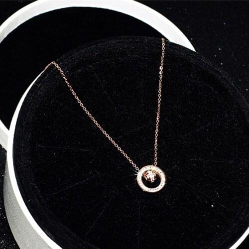 YUN RUO 2018 New Arrival Rose Gold Color Double Circle Crystal Pendant Necklace Fashion Titanium Steel Woman Jewelry Never Fade