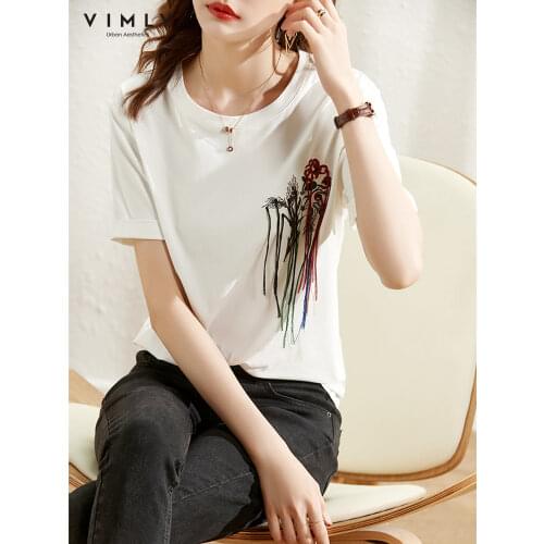 VIMLY Womens Tshirts Chinese Style Cotton Tops Summer Round Neck White Clothes Short Sleeve Loose Casual T Shirt F8212