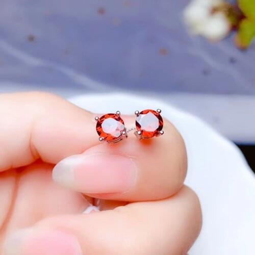 Chic red garnet gemstone stud earrings for women ornament real 925 silver gold plated natural gem girl date gift