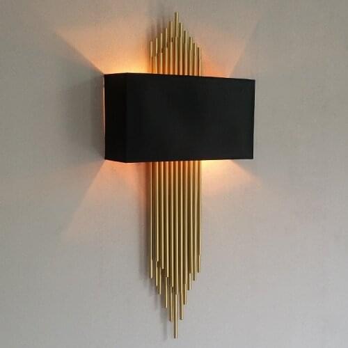 Postmodern gold tube Led Wall Sconce for Villa Hotel Long pipe Wall Lamp parlor Foyer vertical gold Wall Light cloth Lampshade