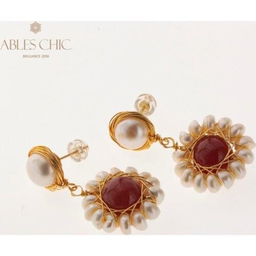 Gold Tone Wire Woven Natural Red Agate Earring Handmade Flower Mother of Pearl Stud Earrings Women Spring Natural Fine Jewelry