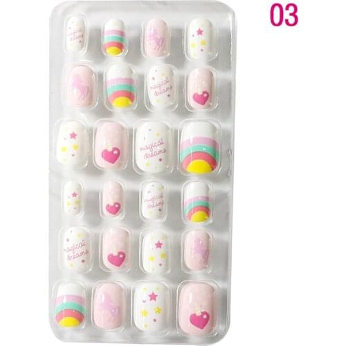 24PCS/Lot Cartoon False Nail Tips Press On Children Cute Full Cover Kid Glue Self Fake Nail Art for Girls Manicure Tips Nails
