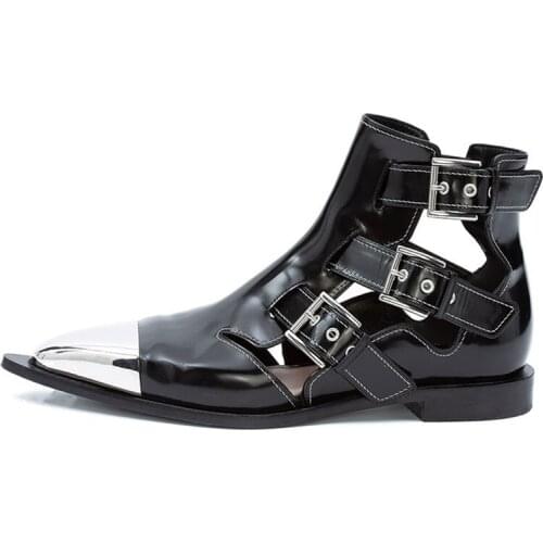 Metallic Pointed Toe Flat Boots Cut Out Metal Buckle High Vamp Fall Shoes Genuine Leather Rivet Short Booties Match Everything