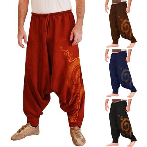 Vintage Men Harem Pants Baggy Hippie Long Pants Casual Print Loose Large Size Nationality Trousers Boho Gypsy Aladdin