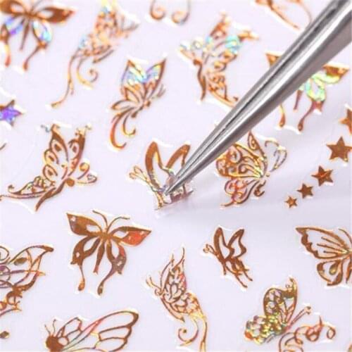 Nail Art Sticker Holographic Bronzing Fine Butterfly Stickers Hollow Decals Laser Gold Silver Beauty DIY Tips Decoration