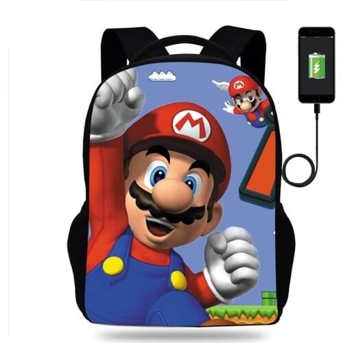 Canvas Mario Bros Print USB Backpack Daily Casual Schoolbag Laptop Bag USB Charging for Teens Students