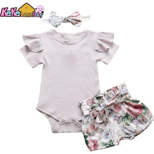 Summer Toddler Baby Girls Clothes Sets Romper Tops Floral Pants Shorts Headband Ruffle Short Sleeve 3pcs Outfit Newborn Clothing