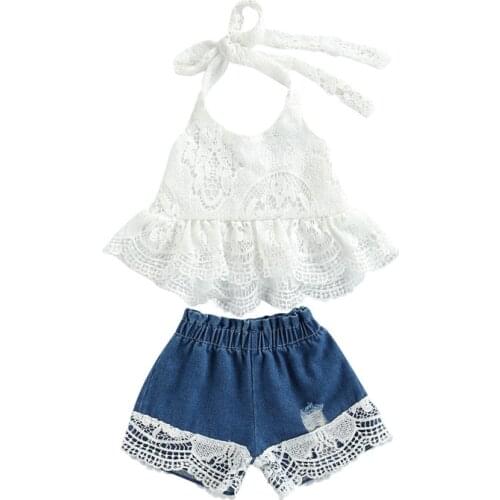 1-6Years Fashion Toddler Kids Girls Summer Clothes Halter Lace Flower Tops Dress+Denim Shorts Children Holiday Casual Clothing
