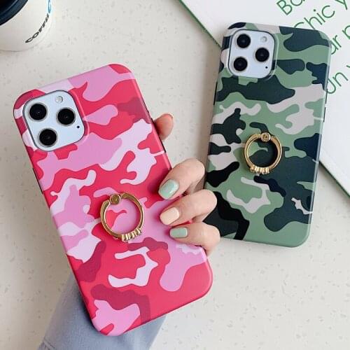 Camouflage Soft TPU Phone Case for iPhone 12 Mini 11 Pro XS Max XR 8 Plus Camo Military Army Finger Ring Holder Stand Back Cover