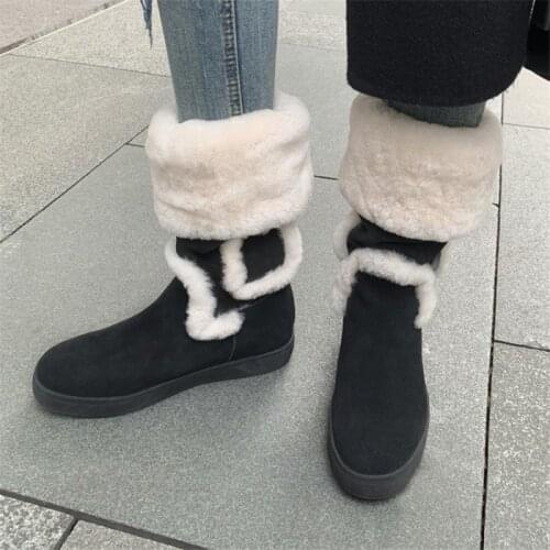 PXELENA Fashion 2020 Winter Women Mid Calf Snow Boots Cow Suede Hidden Heels Platform Non Slip Lambswool Warm Thick Fur Shoes 39