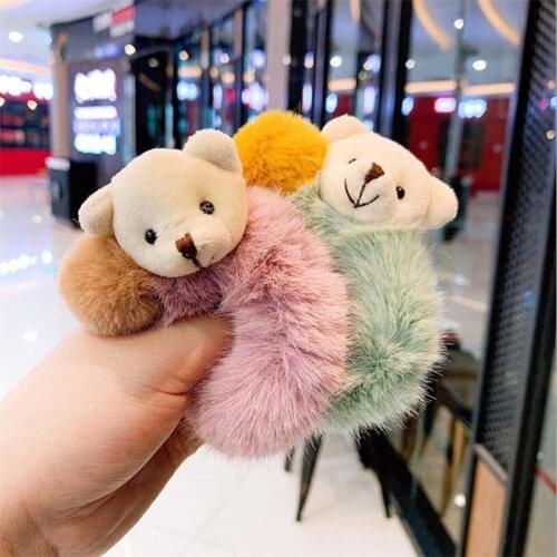 Korean New Women Girls Cute Cartoon Bear Hairball Plush Soft Scrunchie Rubber Bands Headband Hair Bands Fashion Hair Accessories