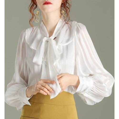 Chiffon Women White Shirts Summer New 2021 Bow Neck Lantern Sleeved Loose Elegant Office Lady Pulls Outwear Tops