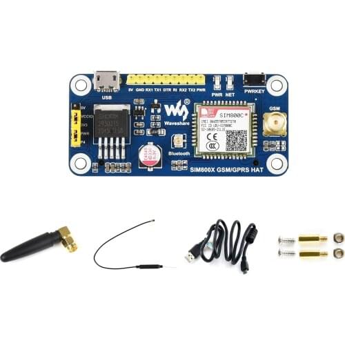 SIM800C GSM/GPRS/Bluetooth HAT For Raspberry Pi,2G Communication,Bluetooth Data Transmission,Supports SMS,GPRS,DTMF,HTTP etc
