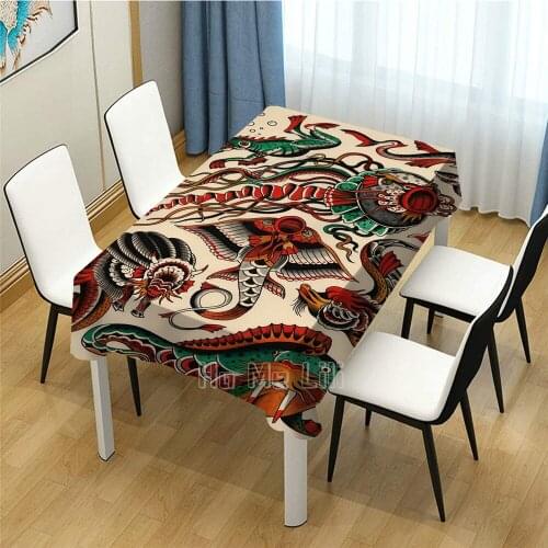 Traditional Sea Creature Tattoo Design Unique Tablecloth Rectangular Indoor Outdoor Dining Decoration