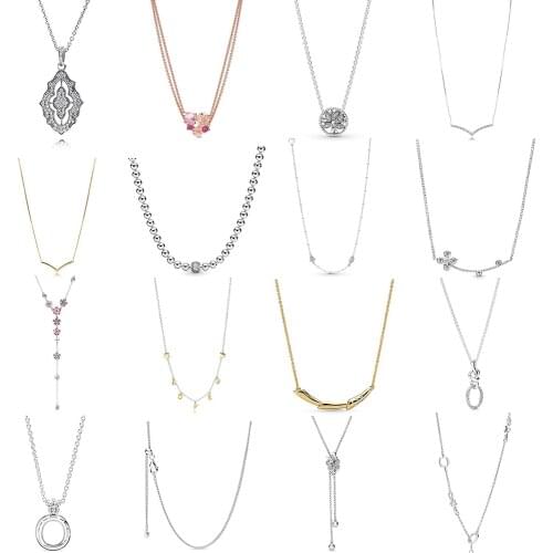 NEW 2019 100% 925 Sterling Silver Floating Locket Crown O Beads & Pave Necklace Clavicle Chain Fit DIY Original Women Jewelry