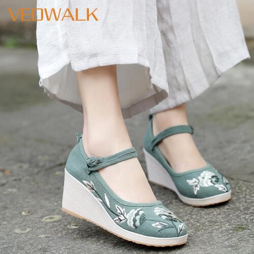 Veowalk Handmade Women Cotton Embroiderd Wedge 6cm High Heels Vintage Ladies Comfort Casual Pumps Ankle Strap Platform Shoes