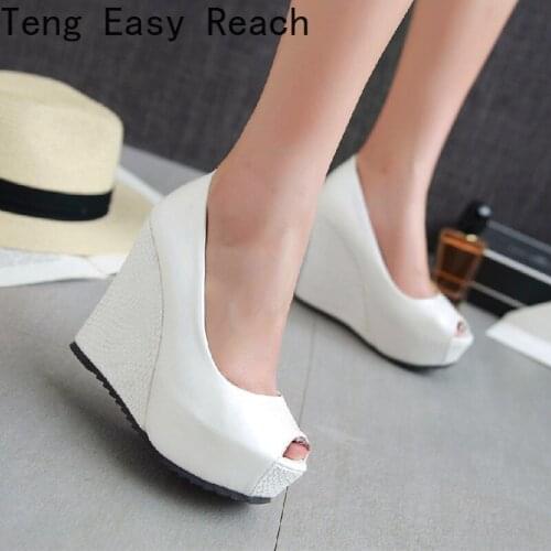 Summer New Wedges High Heels Party wedding Pumps shoe white peep toe Women Shoes Woman pumps large Sizes 34-42