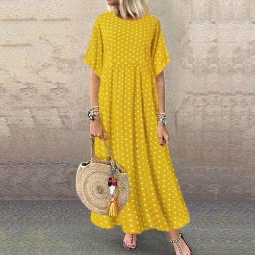 Instylish Summer Long Dress Women Elegant Short Sleeve O Neck Polka Dot Maxi A Line Dress Vintage Boho Beach Party Dress