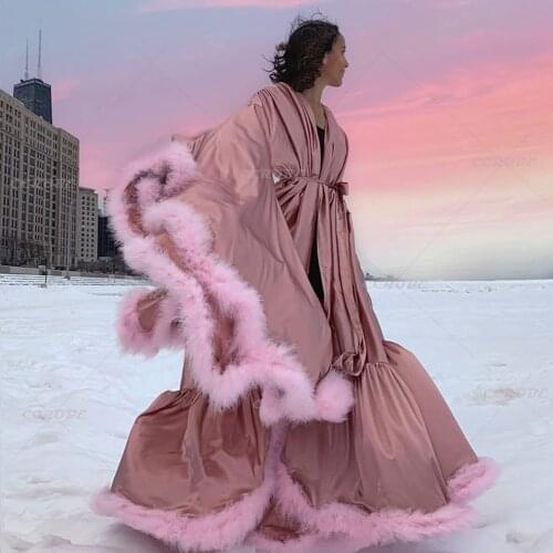 Womens Feather Bridal Robe Long Lingerie Robes Nightgown Bathrobe Sleepwear Wedding Scarf Silk Dressing Gown Photo Shoot