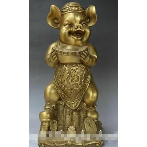 13" Chinese Bronze Wealth Money Coin Yuanbao Pig Pigs Hog Swine Zhubajie Statue