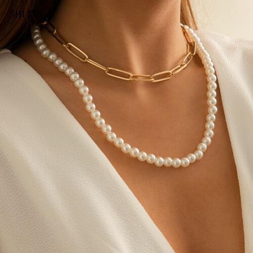 2021 Elegant Imitation White Pearl Beads Long Chain Necklaces for Women Vintage Layered Thick Link Chain Necklaces on The Neck