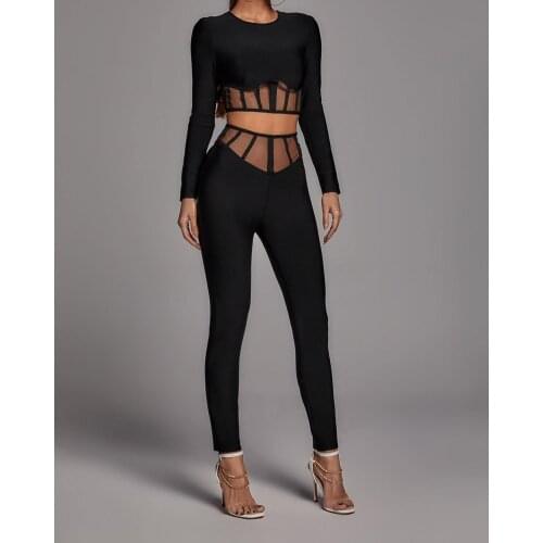 Celebrity Bandage Dress Elegant Woman 2021 New Two Pieces Suit High Quality Rayon Sexy Full Sleeves Mesh Full Pants