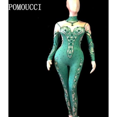 Sparkly Rhinestones Emerald Green Jumpsuit Stretch Leggings Nightclub Singer Dancer Show Wear Womens Prom Party Sexy Bodysuit