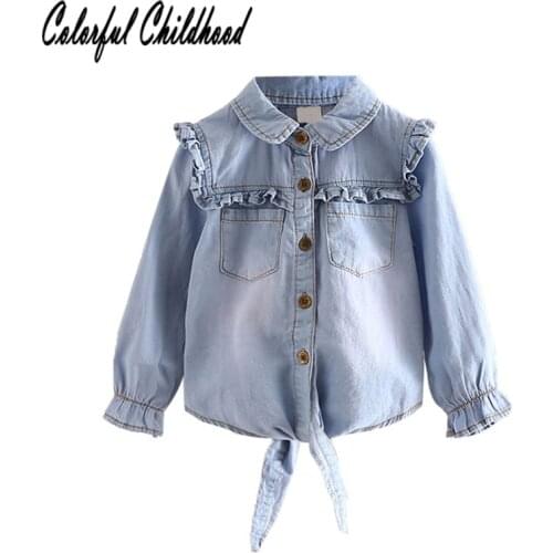Girls blouse autumn cotton denim long sleeve shirt for girls ruffles lace tops children daily outfits Chemise de filles