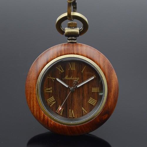 Shuhang Brand Bronze Tone Roman Number Wooden Case Japanese Quartz Movement Mens Womens Pocket Watch Luxury Wooden Watches