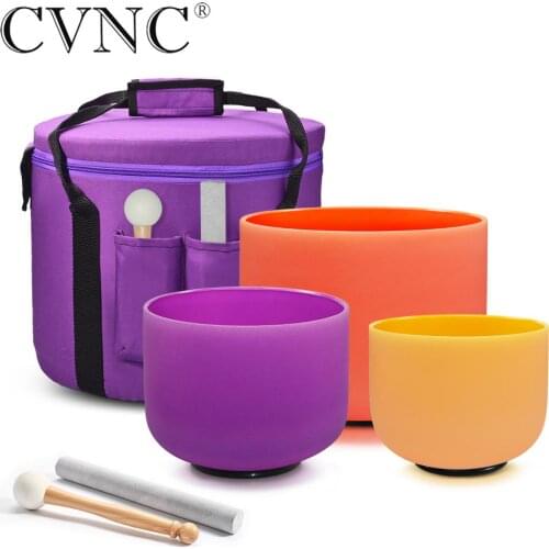 CVNC 3pcs 8"E 10"B 12"D Color Frosted Quartz Crystal Singing Bowl with Free 12" Purple Liner bag