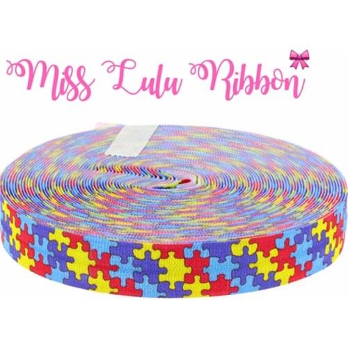 5/8"16mm autism awareness puzzle printed fold over elastic ribbon geometric ribbon diy hair bows 10 yards HT01-PG025-01709