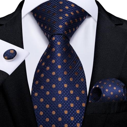 Gold Blue Dot Mens Tie Set Business Wedding Ties For Men 100% Silk Neck Tie Handkerchief Cufflinks Mens Gift Cravat DiBanGu