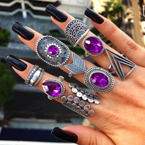 HuaTang Big Purple Rhinestone Boho Rings Set for Women Hollow Geometric Rings Set Carved Knuckle Wedding Rings Anillos 8261