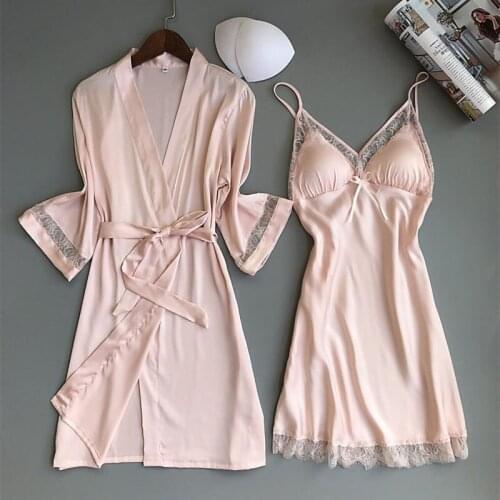 Spring autumn summer 2-piece nightdress and robe set Sexy silk womens pajamas Long sleeve nightgown with chest pad home clothes